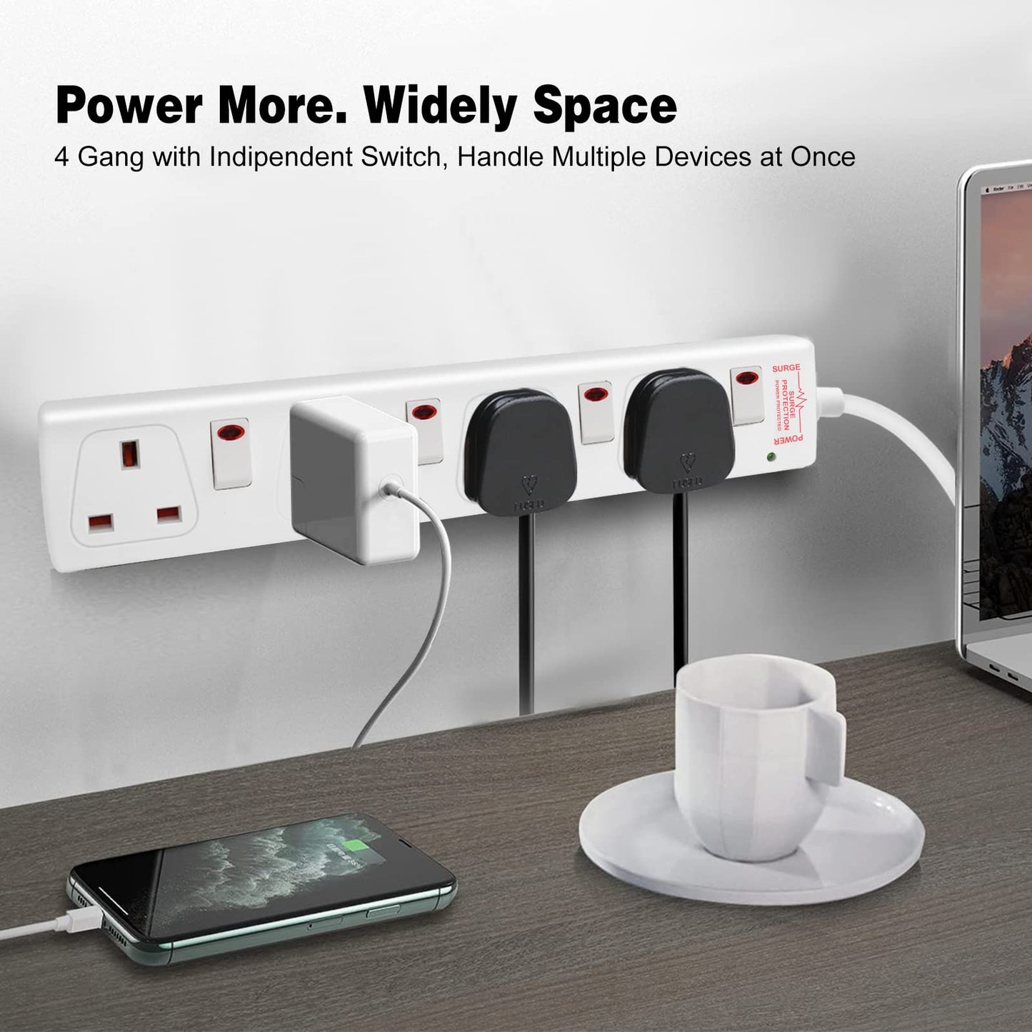 ExtraStar Extension Lead Surge Protection 4 Way Outlets, 13A Power Strip Wall Mounted with Individual Switches, Multi Socket Extension Cable UK Plug for Home and Office (1M, White)