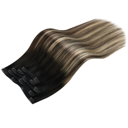 Moresoo Clip in Hair Extensions Real Human Hair Balayage Black to Brown with Caramel Blonde Double Wefted Clip in Human Hair Extensions Full Head 24 inch 7Pcs/120G #1B/3/27