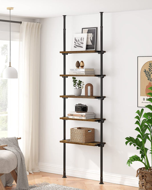 ALLZONE Adjustable Tall Narrow Bookshelf, 5-Tier Floor-to-Ceiling Tension Mount Ladder Book Shelf with Storage for Versatile Uses, Fits 92-116 Inch Ceilings, 27.84-Inch Wide Wood Shelves, Rustic Brown