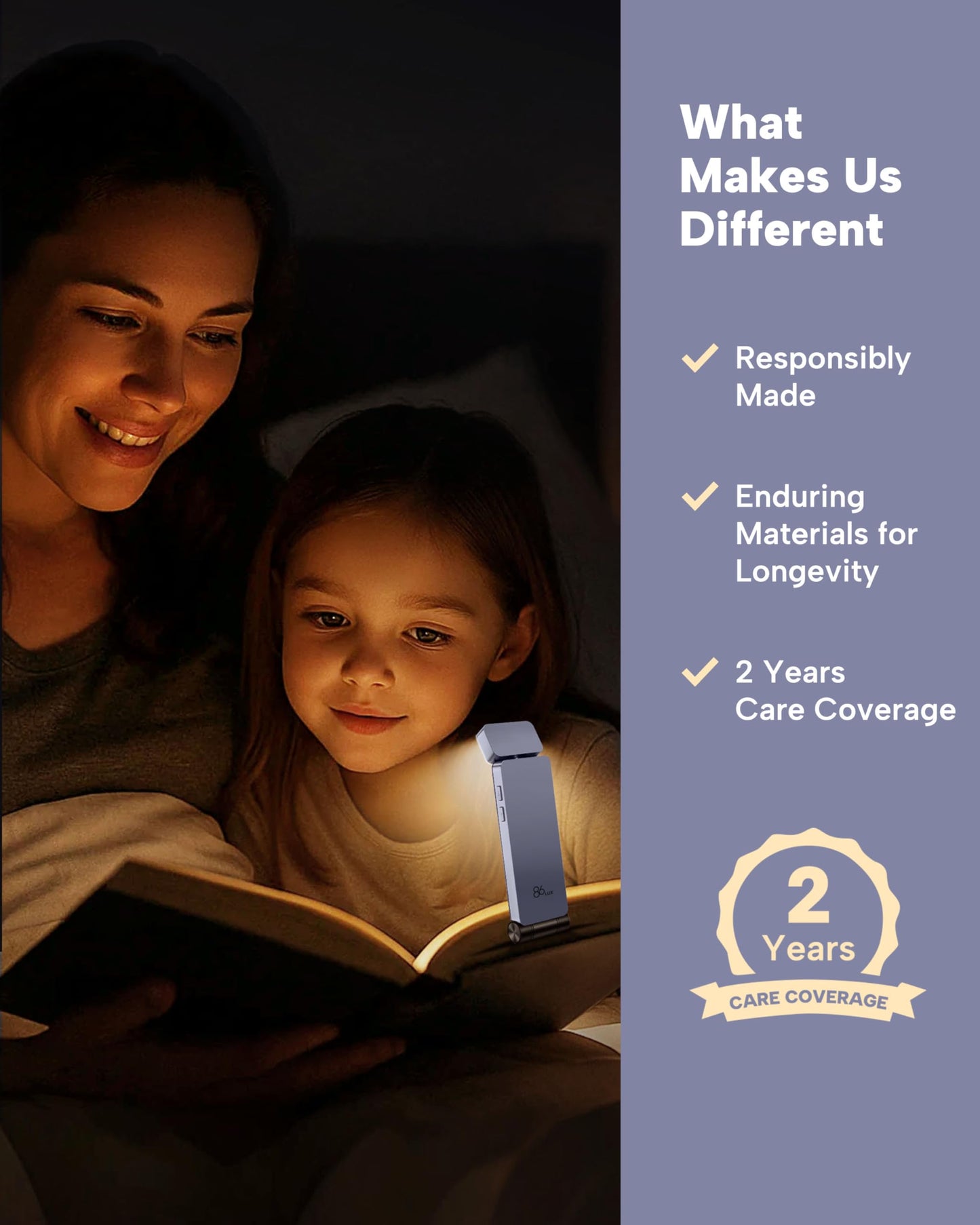 86lux Book Light, Rechargeable Clip-On LED Reading Light for Bed & Night Use - 3 Color Temperatures with Stepless Dimming, Ultralight Bookmark Design for Kids, Book Lovers, Grey