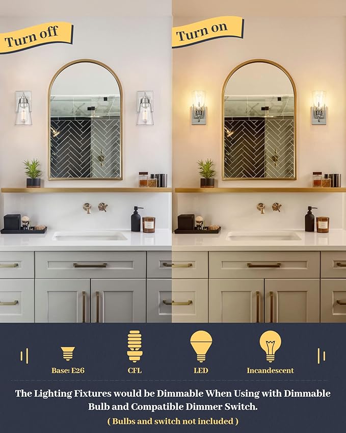 EAPUDUN Bathroom Light Fixtures, Modern Farmhouse 1-Light Bathroom Vanity Light Fixtures, Indoor Wall Lamp in Brushed Nickel Finish, Clear Glass Shade Wall Sconces, WLA1395-BNK