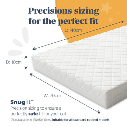 Mother Nurture Classic Eco Fibre Cot Bed Mattress - Hypoallergenic Easy Clean Quilted Cover, Reversible, Water Resistant, Baby Cot Mattress, Firm & Supportive, White, BSI Tested - Size 140x70 x10cm