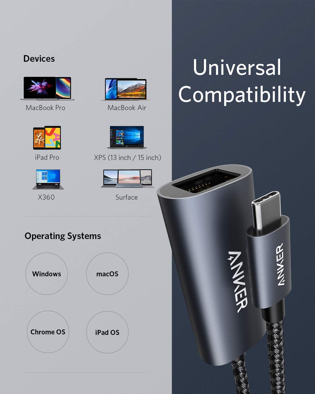Anker USB C to Gigabit Ethernet Adapter - Aluminum Portable Adapter for MacBook Pro/Air 2018+, iPad Pro 2018+, XPS and More