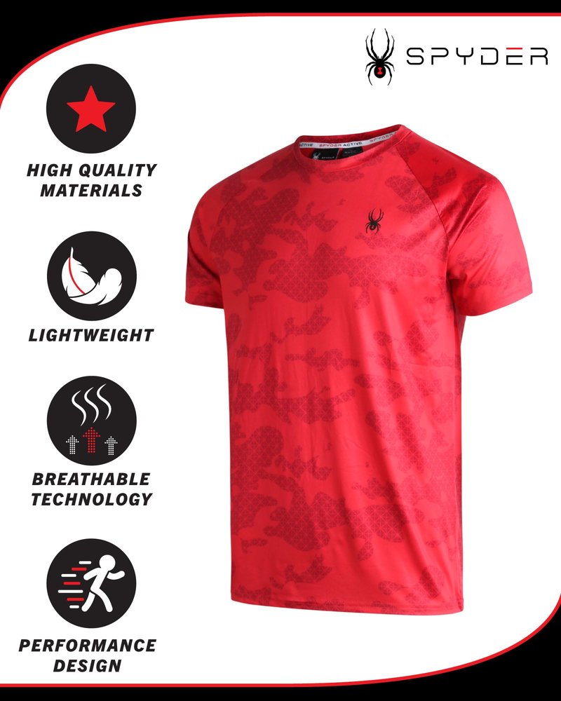 Spyder Mens Active Shirt - Crewneck Dry Fit Mens Workout Shirts Short Sleeve Camo Fitted Athletic Gym Shirts for Men, Size Medium, Spyder Red