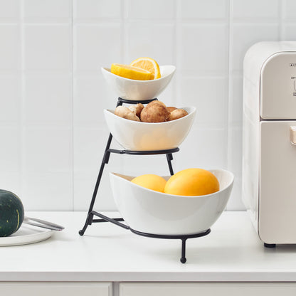 Gomakren 3 Tiered Oval Serving Bowl With Collapsible Metal Rack, Chip and Dip Serving Set, Dessert Appetizer, Candy, Fruit, Vegetable Bowl Set, Halloween Serving Bowls For Entertaining (Black Stand)