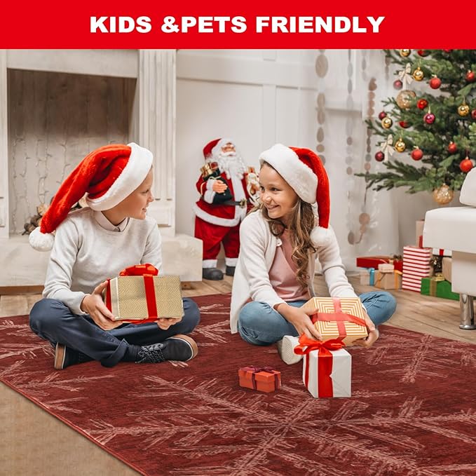 Lahome Christmas Rugs Indoor Kitchen Rug, 2x3 Red Christmas Snowflake Door Mat Washable Non Slip Entryway Rugs, Soft Small Rug Holiday Decor Carpet for Entry Bathroom Bedroom(2x3ft,Red)