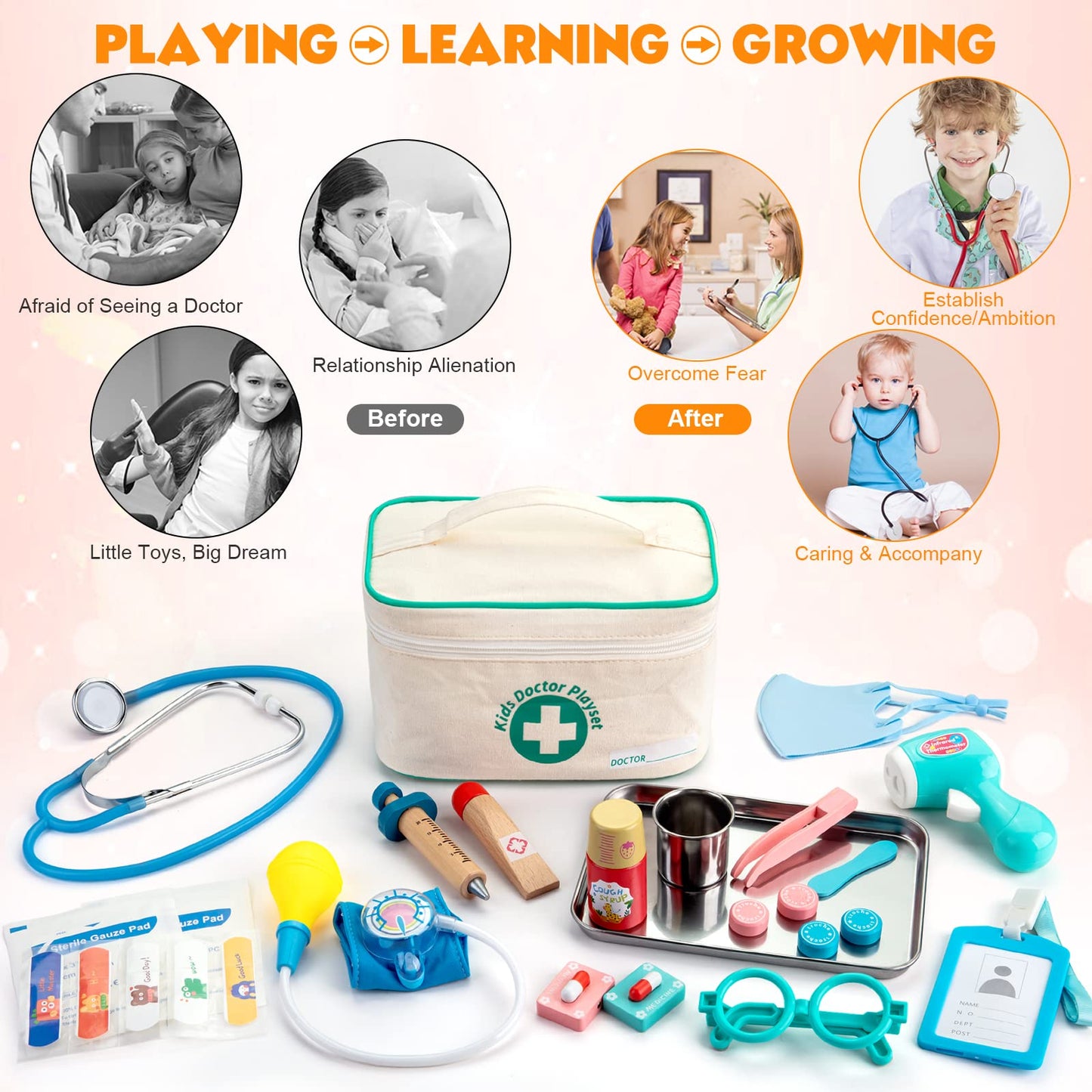 Sundaymot Kids Doctor Kit Toy with Real Wooden Stethoscope, Thermometer, Syringe and Practical Items for Children Role Play Medical, Gift for 3 4 5 Years Boys Girls