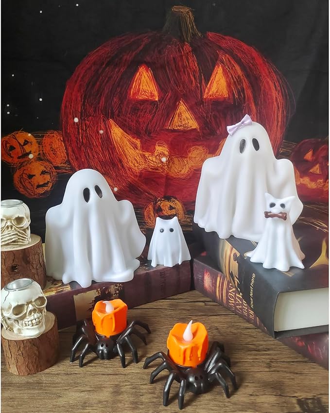 Halloween Decorations Indoor,Ghost Decor, Light Up Ghosts Kit Set of 4,Friendly Pets,Gothic Home Decor(2ghost 2dog)
