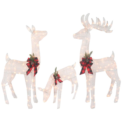 3-Piece White Fabric Reindeer Family - Lighted Deer Set - 210 Lights 52" Buck 44" Doe 28" Fawn - Large Deer Family for Indoor or Outdoor Christmas Decorations Yard Art