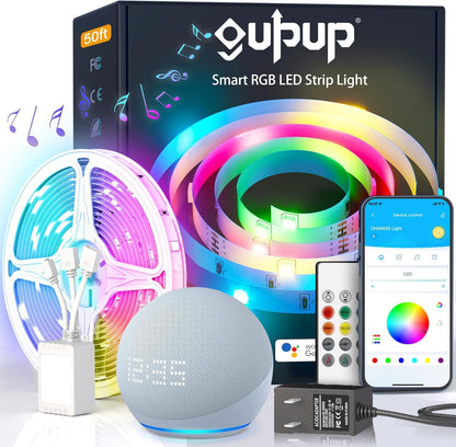 GUPUP WiFi Led Lights 50 ft, Smart App Controlled Led Strip Lights, Compatible with Alexa and Google Assistant Devices, Voice Control,Music Sync,Color Changing Tape Lighting
