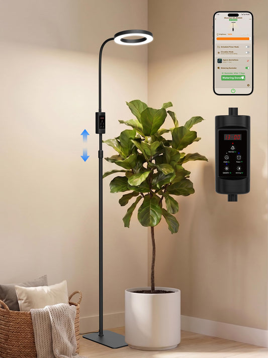 GLOWRIUM Smart Grow Lights for Indoor Plants, 24W Full Spectrum Plant Lights with Bluetooth App, Adjustable Height 47-70.9", Auto Timer, Indoor Plant Lamp for Large Tall Plants（Black 24W）