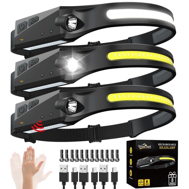 Rechargeable Headlamp 3PCS, 230° Wide Beam Head Lamp, Motion Sensor LED Headlamp Rechargeable, 5Mode Bright Headlamps for Adults, Head Lights for Forehead, Hard Hat Headlight, Camping Essentials Gear
