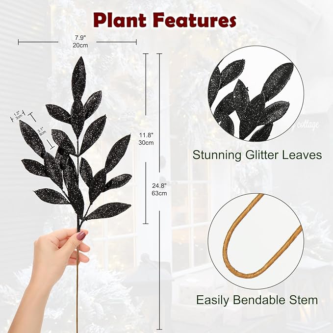 DILATATA 6Pcs Christmas Glitter Leaves Bay Leaves Spray 24" Artificial Black Bay Leaf Picks Sprays Giltter Stems for Halloween Centerpiece Christmas Home Decor Home Decor - Black