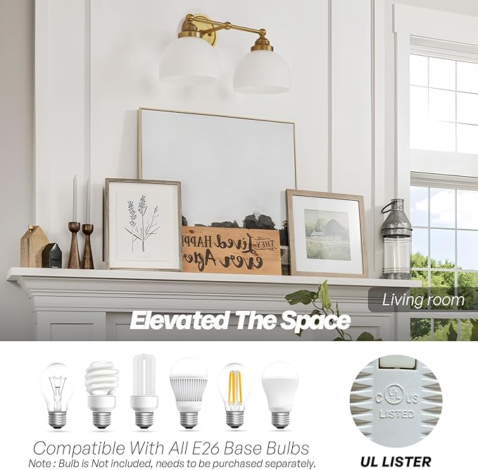 2-Lights Milk White Glass Wall Sconce Lighting Brass Finished, Double Arm Bathroom Vanity Light Fixture for Bedroom Living Room Dining Room Hallway
