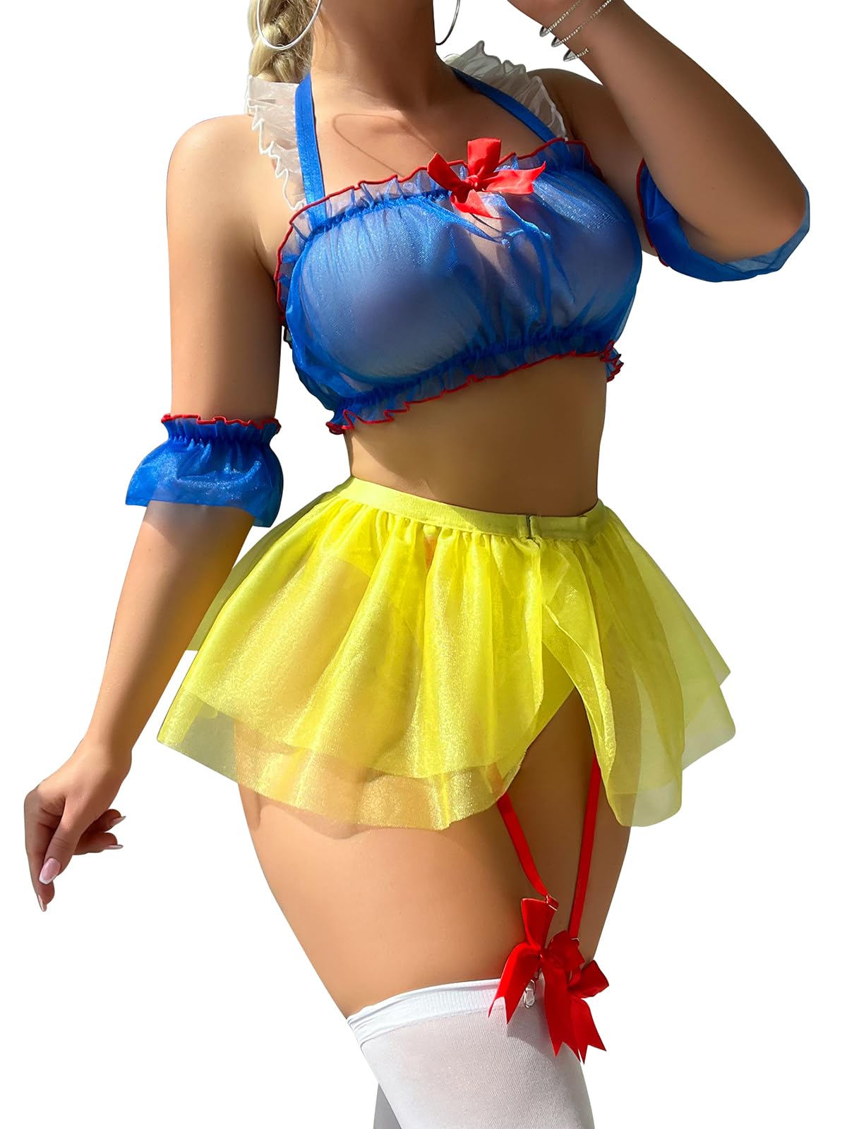 Mixxmix Lingerie for Women Sexy Halloween Lingerie Skirt Set with Thigh Highs for Party Blue M