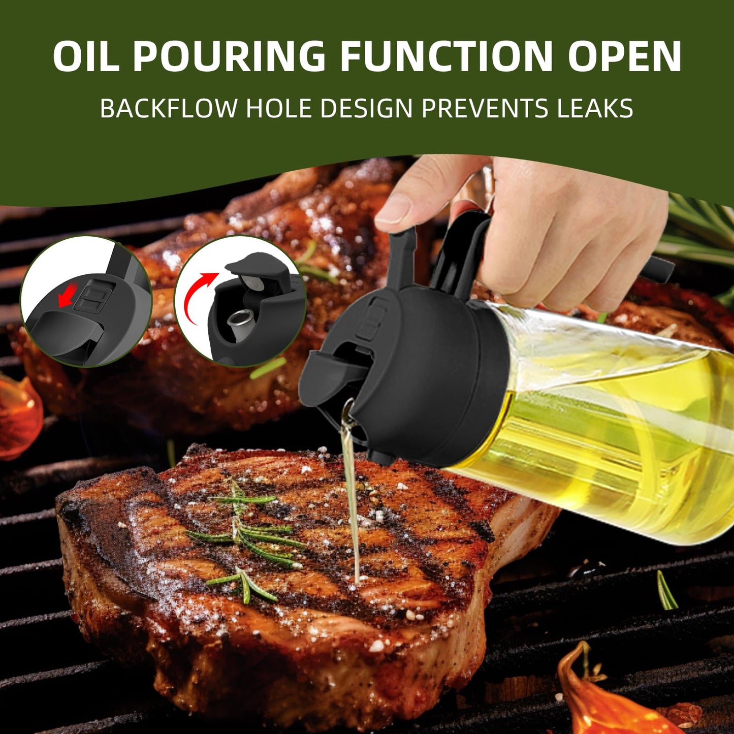 Oil Dispenser for Kitchen, 2 in 1 Olive Oil Sprayer, Olive Oil Dispenser Spray Bottle with Brush, Oil Sprayer for Cooking for Air Fryer, Barbecue, Salad 16oz/470ml (Black)