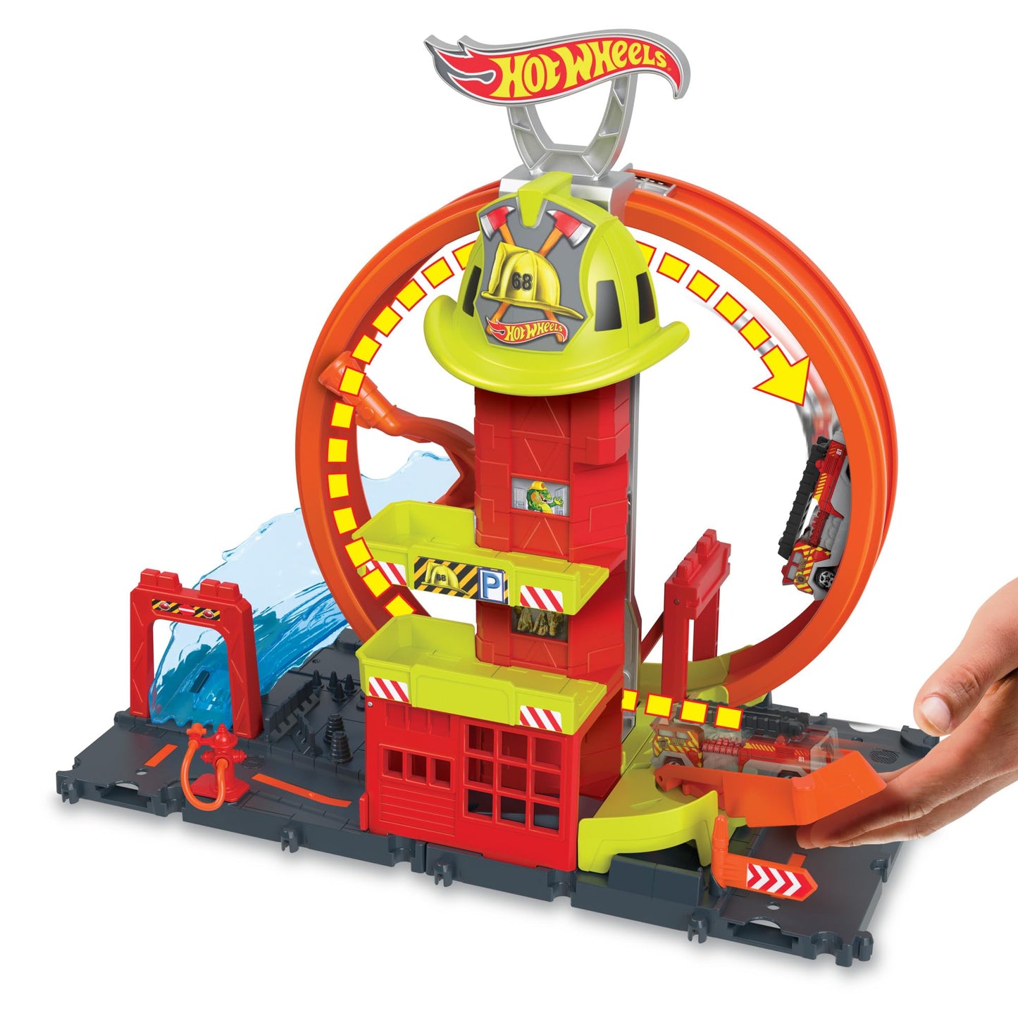 Hot Wheels City with 1 Toy Car, Kid-Powered Elevator, Water-Like Ramp, Track-Play Features, Connects to Other Sets, Fire Station with Super Loop, HKX41
