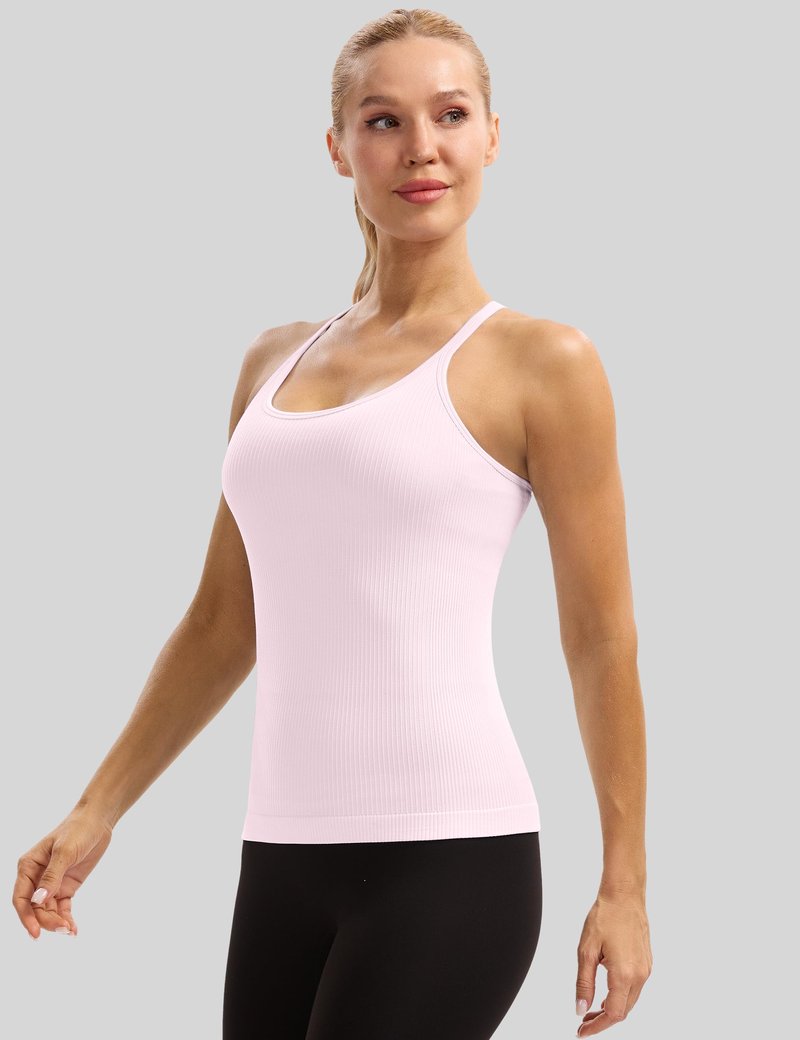 MathCat Seamless Workout Tank Tops for Women with Built in Bra, Spaghetti Strap Ribbed Athletic Strappy Back Yoga Shirts Light Pink
