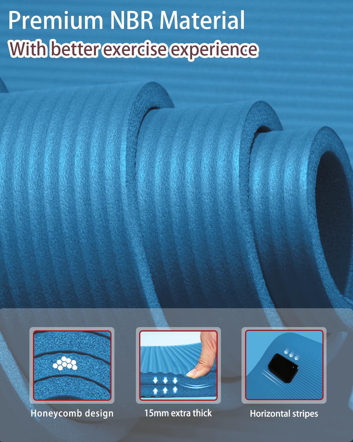 YR Large Yoga Mat for Men Exercise Mat 76"x35" 15mm Thick Foam Mat - Blue