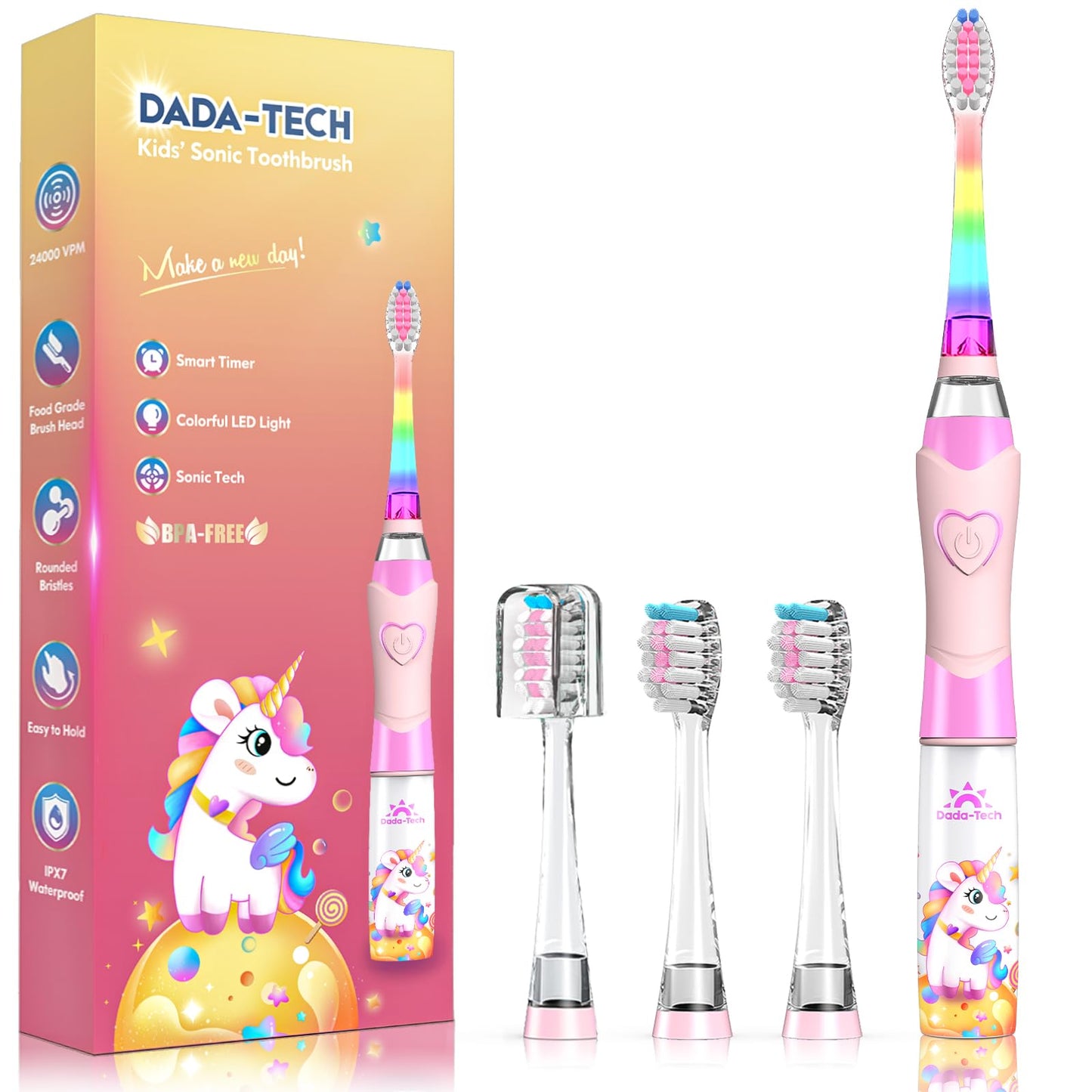 Kids Electric Toothbrush 3-5-6-12, Toddler Toothbrush Girls Electric Toothbrush with Timer Rainbow LED Light Up Sonic Battery Powered Junior Childrens Electric Toothbrush (Unicorn Pink)