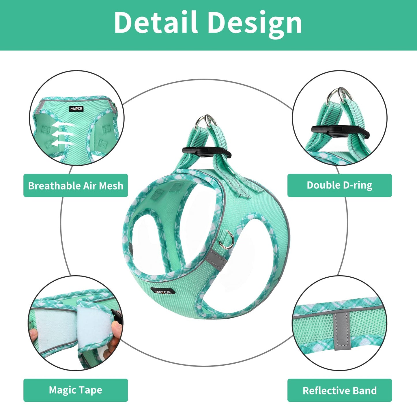 AMTOR Small Dog Harness with Leash Set, No Escape Easy Walk Puppy Harnesses for Training Walking, Step-in Reflective Soft Dogs Vest for XS S Medium Extra-Small Large Sized Dog(Green,S)