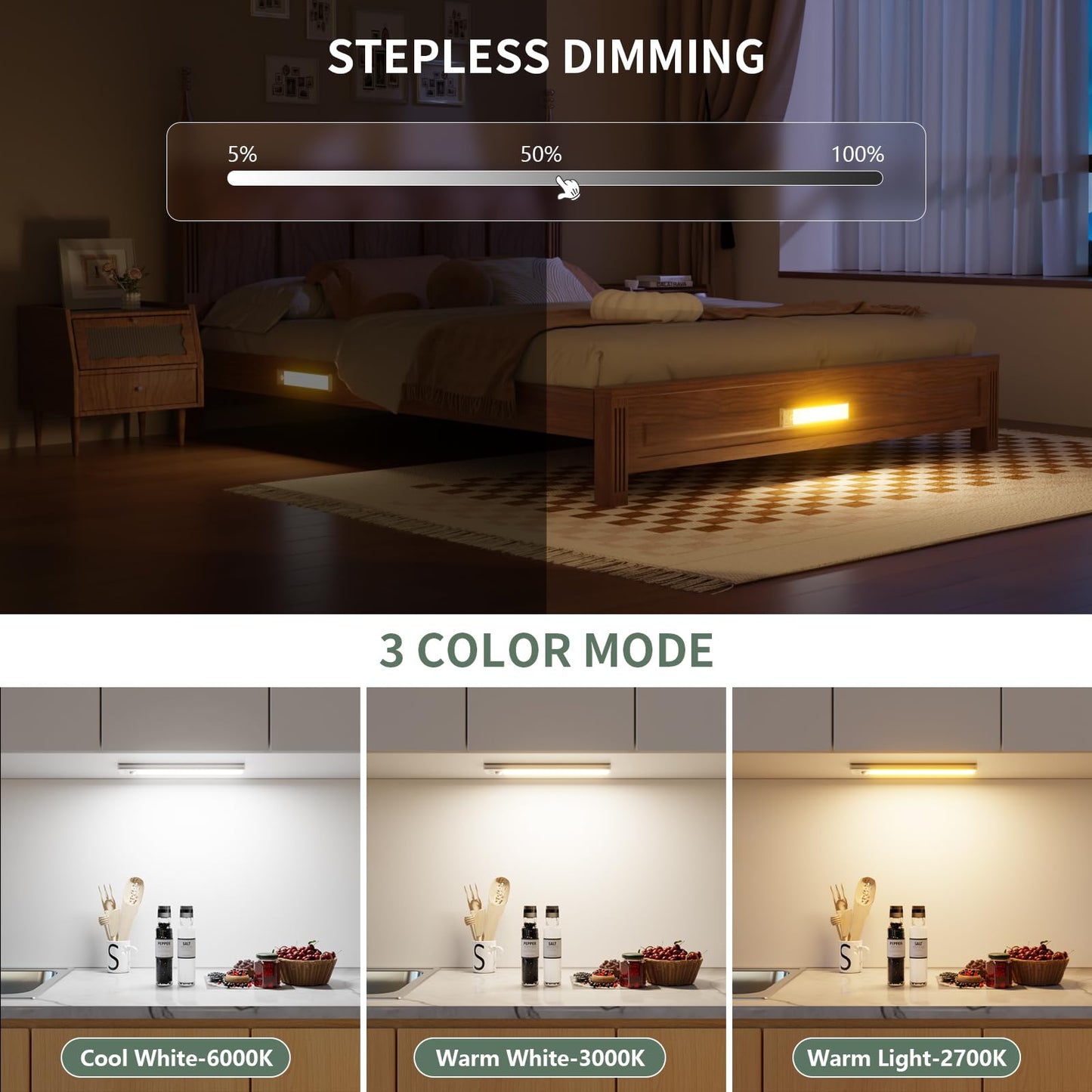 BokiHuk Cabinet Lighting LED with Motion Sensor Pack of 2 Cabinet Light Cabinet Light LED Strip Dimmable USB Rechargeable Under-Unit Light Kitchen for Wardrobe, Stairs, Boot