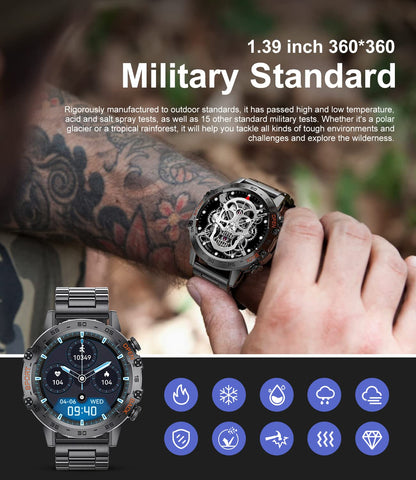 Military Smart Watch for Men, Smart Watches with Bluetooth Voice Call Compatible Android iOS Phone, Smartwatch with Heart Rate SpO2 Pressure Sleep Monitor, IP67 Waterproof Tactical Fitness Watch