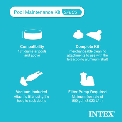Intex 28003E Deluxe Above Ground Pool Maintenance Kit for Minimum 800 GPH Flow Rates with Vacuum, 110" Pole, Wall Brush and 24' Hose (Color May Vary)