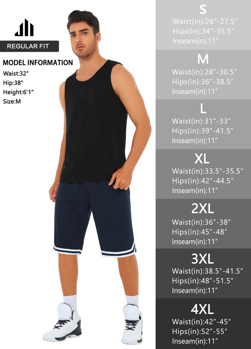 JWM Mens 11" Gym Basketball Shorts with Zipper Pockets - Long Quick Dry Lightweight Mesh Athletic Shorts for Workout Running Navy