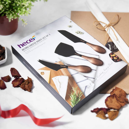 hecef Cheese Knife Set of 3, Bronze Grain Multipurpose Retro Cheese Knives, Set includes Pronged, Hard Cheese & Chisel Knife, Black