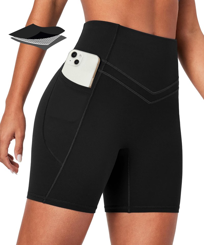IUGA Compression Biker Shorts Women Tummy Control with Pockets Workout Shorts High Waisted Yoga Running Gym Short Spandex Black