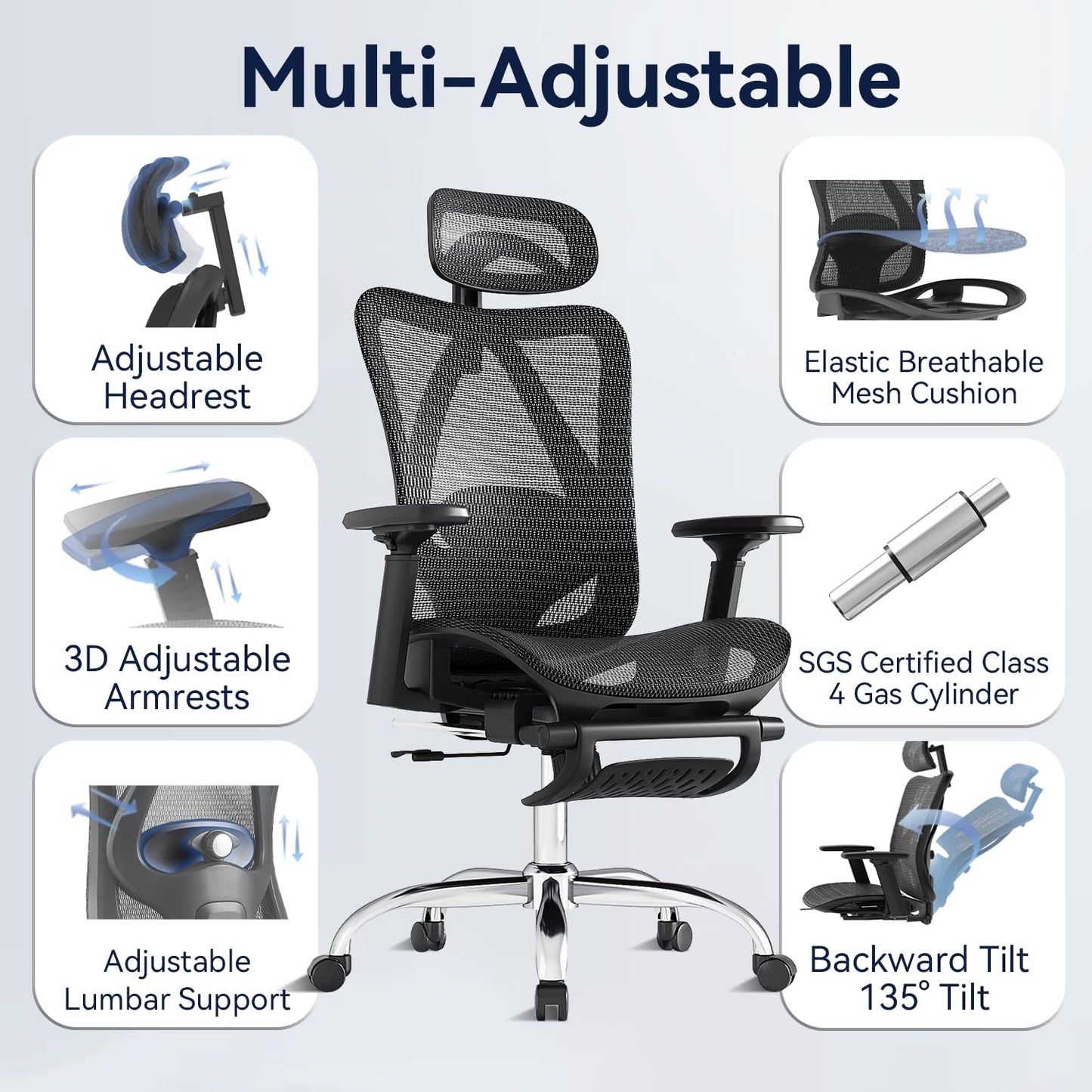 Ergonomic Office Chair, 3-Level Tilt Backrest, 3D Headrest, 3D Armrest and Retractable Footrest, Mesh Breathable SGS Class 4 Gas Clylinder, Black
