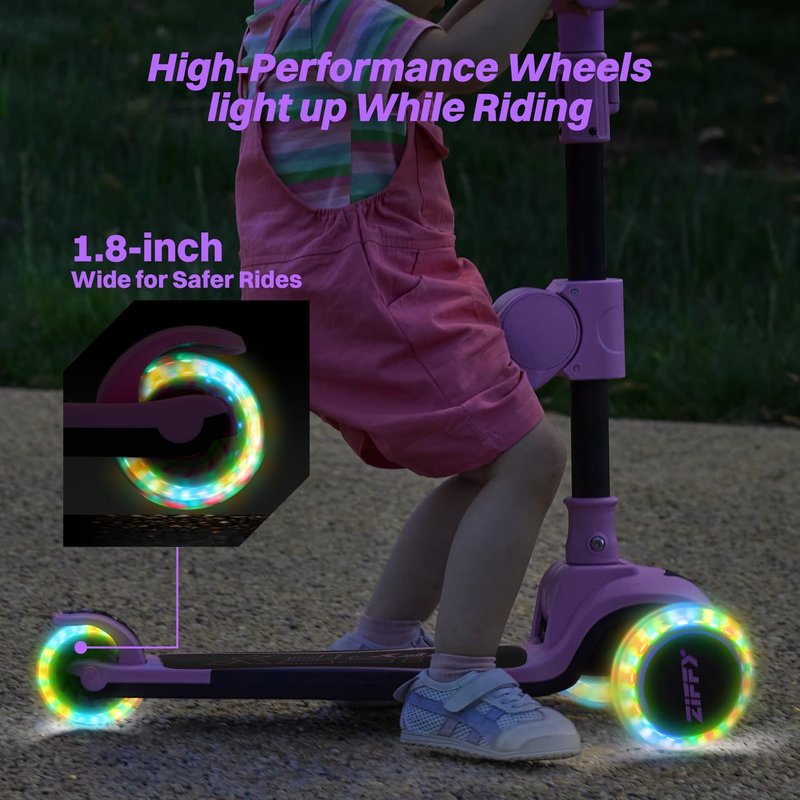 JOVA ZIFFY LED Light-up 3 Wheel Scooter, 2-in-1 Scooter for Kids, Anti-Slip Surface, Adjustable Height Handlebars and Foldable Seat, Toys for Kids Ages 3-12, Purple (Up to 110 Lbs)