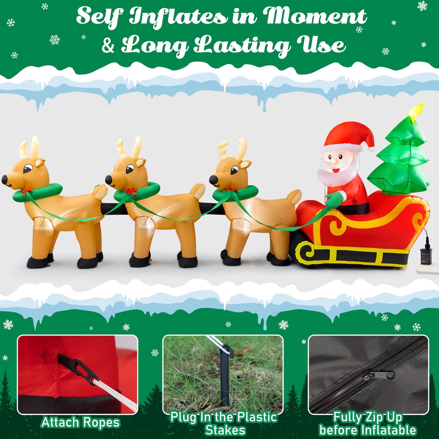 Sizonjoy Outdoor Christmas Inflatables Decorations,13 FT Lighted Christmas Inflatables Santa Claus on Sleigh with 3 Reindeer & Christmas Tree for Indoor Outdoor Home Holiday Yard Decorations