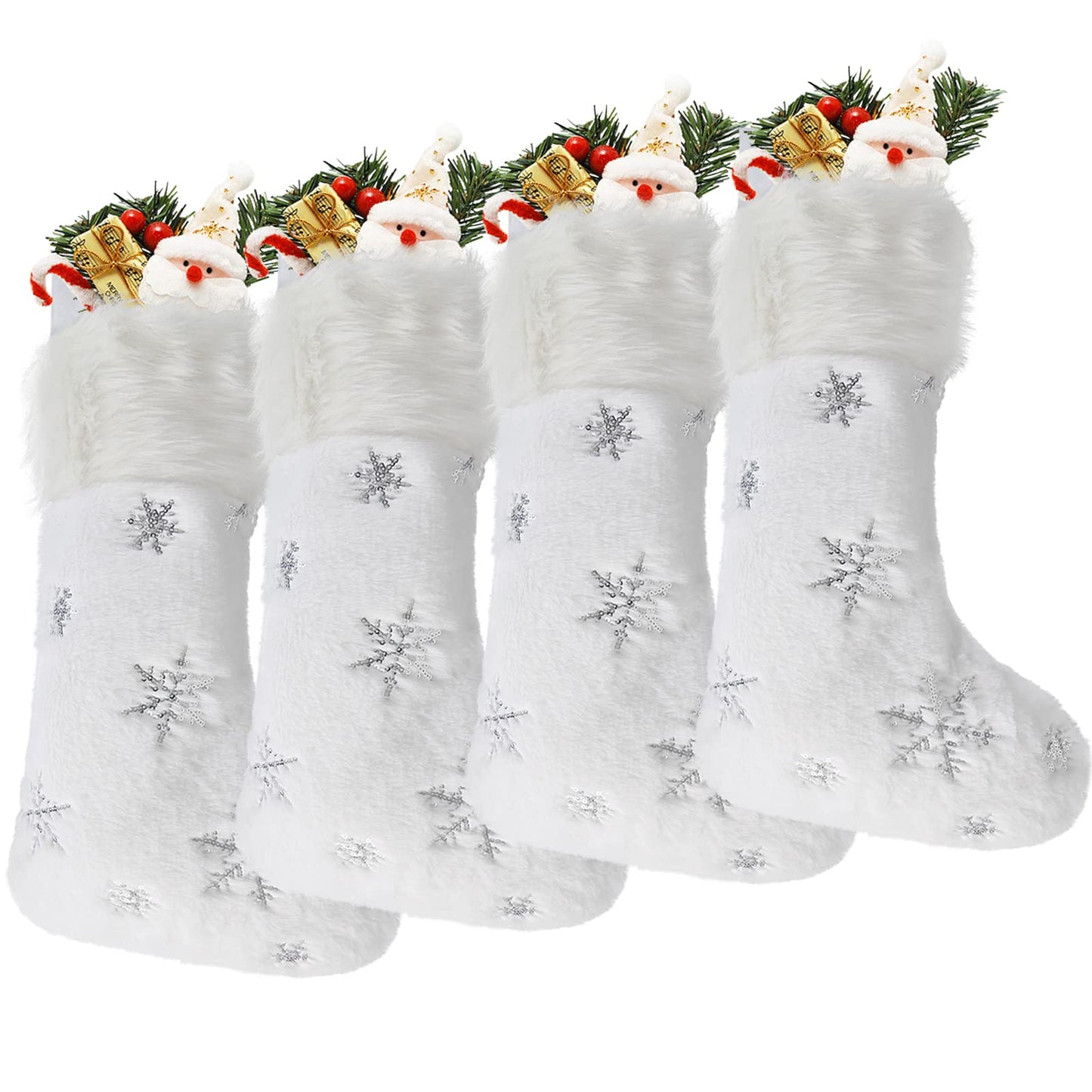 DIYASY White Christmas Stockings, 4 Pack Large Faux Fur Christmas Stockings with Silver Sequin Snowflakes Personalized Christmas Stocking for Fireplace Hanging and Holiday Party Decoration 17.5 Inches