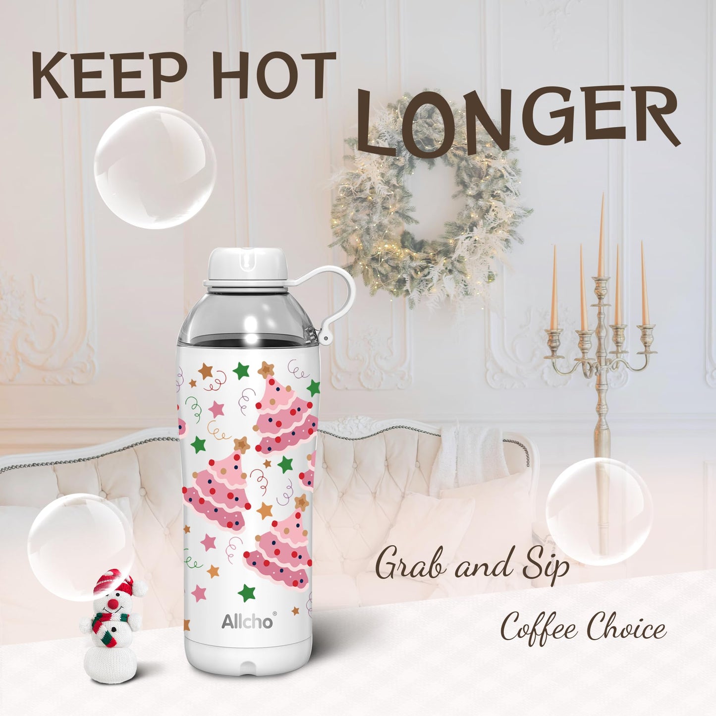 Allcho Christmas Gifts for Women Mom Daughters, Christmas Travel Coffee Tumbler for Friends Girls, Insulated Water Bottle, 18 oz Stainless Steel Water Bottles, 2 Lids, Available Gift Wrapping