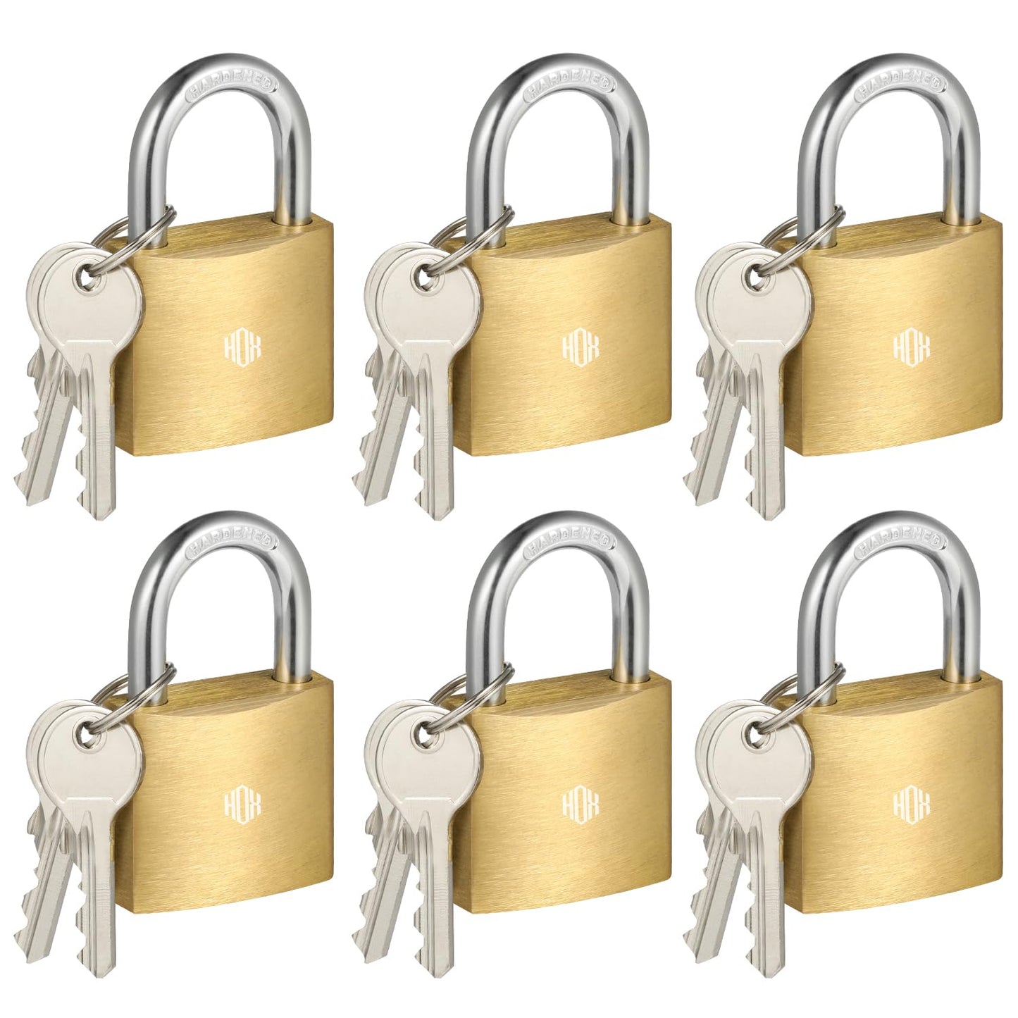 HOX 6-Pack Keyed Padlock, Waterproof and Rustproof, Solid Brass Lock with 1-1/4" Wide Body, Padlock with Keys for Storage Unit, Sheds, Garages and Fence