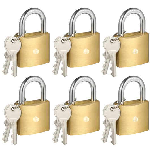 HOX 6-Pack Keyed Padlock, Waterproof and Rustproof, Solid Brass Lock with 1-1/4" Wide Body, Padlock with Keys for Storage Unit, Sheds, Garages and Fence