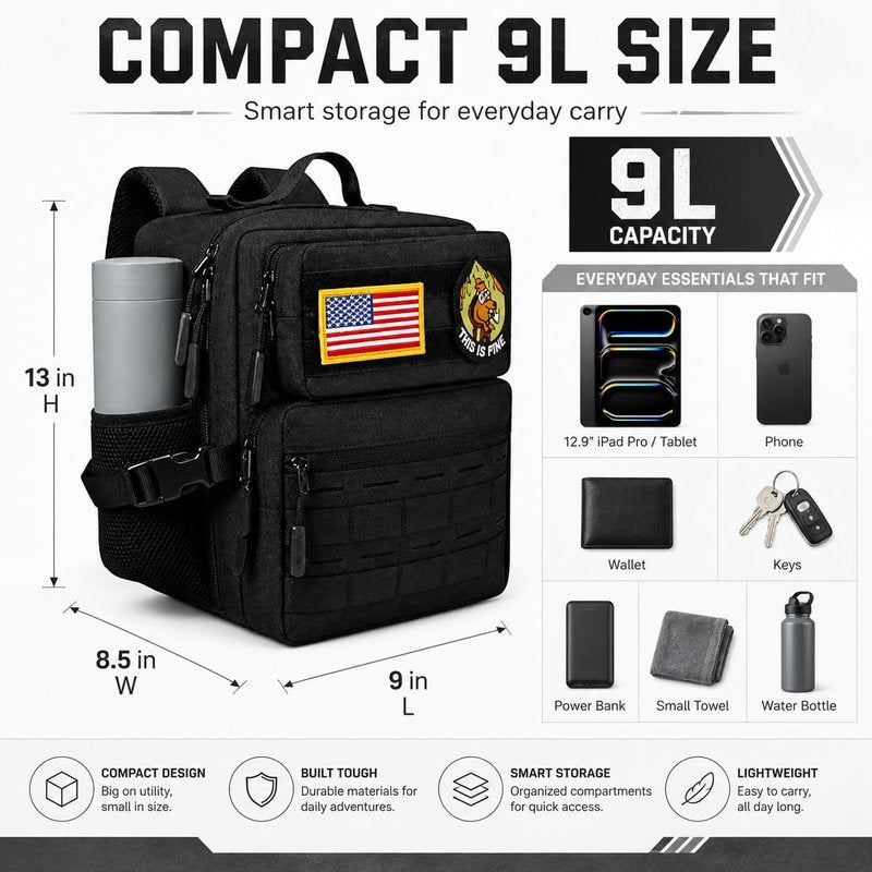 flipfit 9L Mini Tactical Backpack Small Military Gym Bag for Men Women Molle Daypack Camping Backpack with Patch (Black)