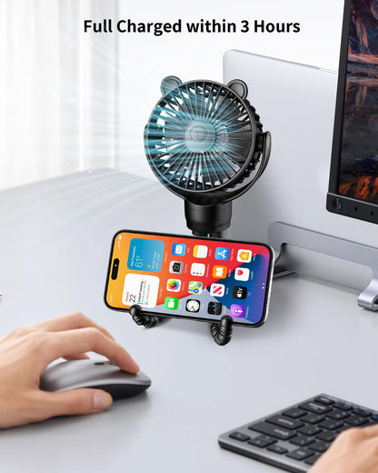 GOTOTO Baby Stroller Fan, Rechargeable Portable Fan with 2000 mAh Battery Operated,3 Wind Speed,360-Degree Rotation,Ultra-Low Noise Level,Safe mini fan for your baby