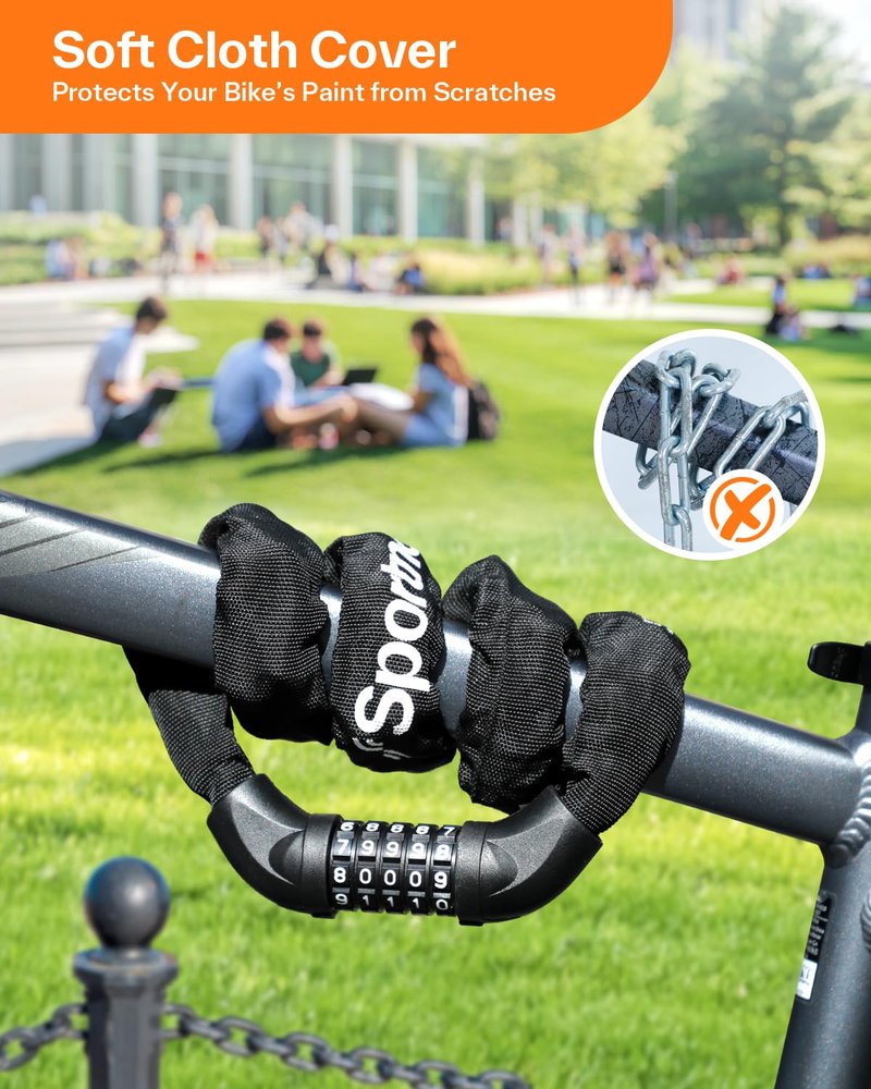 Sportneer Bike Locks Anti Theft- 5 Digit Combination Heavy Duty Keyless Bike Chain Lock Security Resettable Bicycle Lock for Bike, Scooter, Motorcycle, Door, Gate, Fence(4mm Thick Chain)
