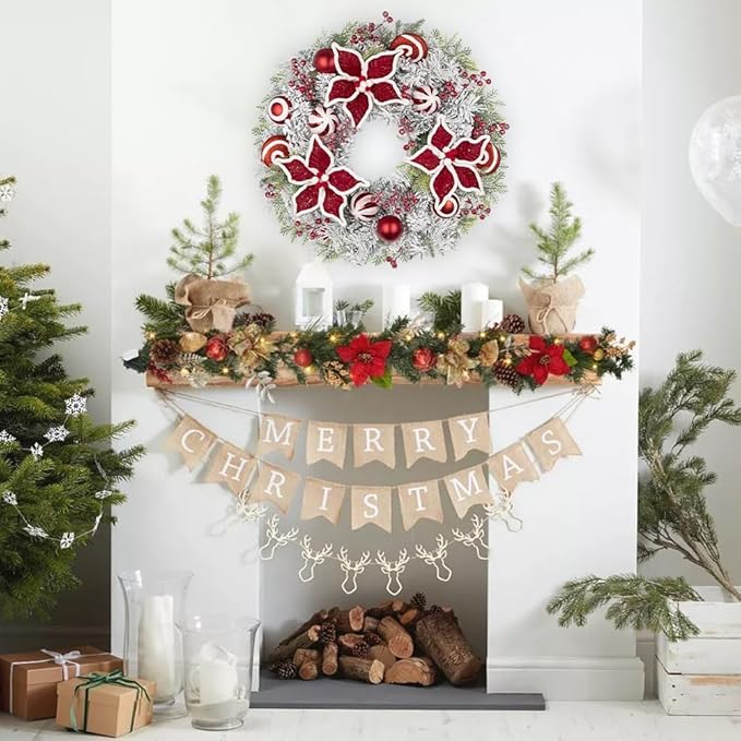 24 inch Christmas Door Wreath, Poinsettia Wreaths for Front Door with Candy Cane Red and White Ball Berries for Fireplace Xmas Decorations, Wall Window Indoor Outdoor Decor