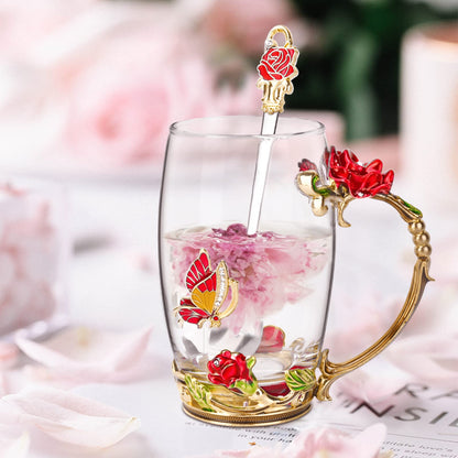 OEAGO Gifts for Women Mom Mothers Tea Cup Best Birthday Butterfly Rose Gifts for Her from Daughter Son Glass Coffee Christmas Enamels Mug Lead-Free with Spoon Set