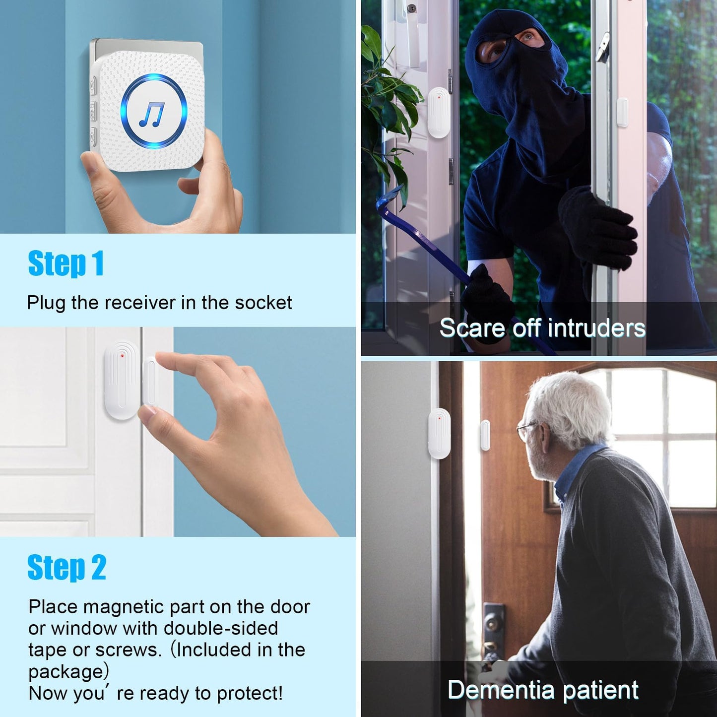 SanJie Door Chime, Door Open Contact Sensor Alarm for Business/Store/Home/Office When Entering, with 500 FT Range,26 Chimes 5 Adjustable Volume 2 Receivers +2 Sensors