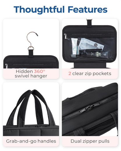 BAGSMART Travel Toiletry Bag with Jewelry Organizer, Hanging Travel Bag for Toiletries, Puffy Makeup Cosmetic Bag Organizer, Carry-on Travel Accessories Essentials, Black-L