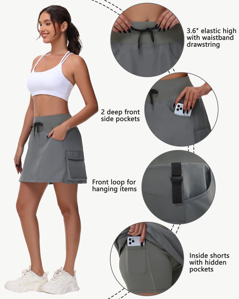 MIVEI Women's 16" Hiking Cargo Skort Skirt - High Waisted Golf Dressy Casual Workout Sport Skirt with Liner Quick Dry UPF50 Dark Gray