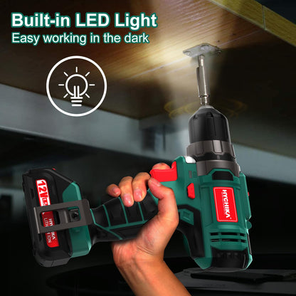HYCHIKA Cordless Drill Driver 12V, Electric Screwdriver 30N·m, 21+1 Torque Electric Drill, 2-Variable Speed LED Work Light, 1500mAh Li-Ion Battery 25Pcs Accessories for Home and Garden DIY Project