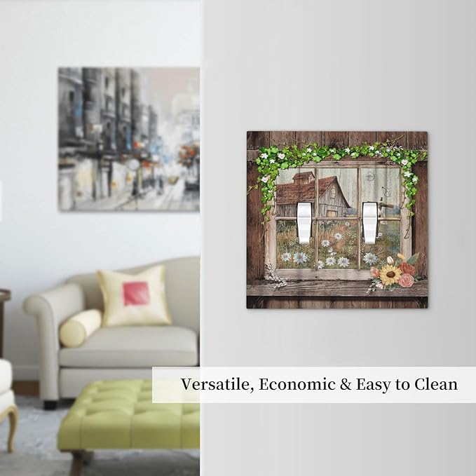 Farm Barn Farmhouse Rustic Country Flower Double Toggle Light Switch Cover Decorative 2 Gang Wall Plate Electrical Switchplate Faceplate for Bathroom Kitchen Decorate Accessories