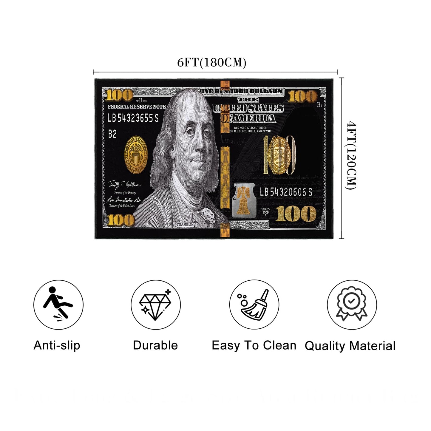 Money Rugs for Living Room 4x6 Area Rug for Bedroom,100 Dollar Bill Throw Rug Washable Rugs Indoor,Hundred Dollar Bills Area Carpet Non Slip Soft Floor Carpets Mat for Dining Room,Laundry,Office,Black