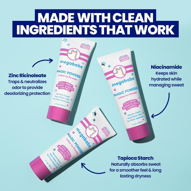 Megababe Sweat & Odor Absorbing Lotion - Magic Powder Stay-Dry Lotion to Powder | Summer and Hot Weather Essential | Aluminum-Free, Talc-Free | 3 fl oz